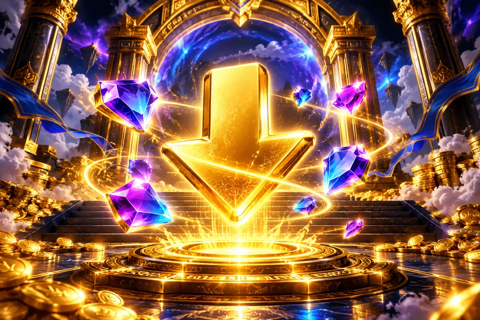 Golden download symbol with violet gems